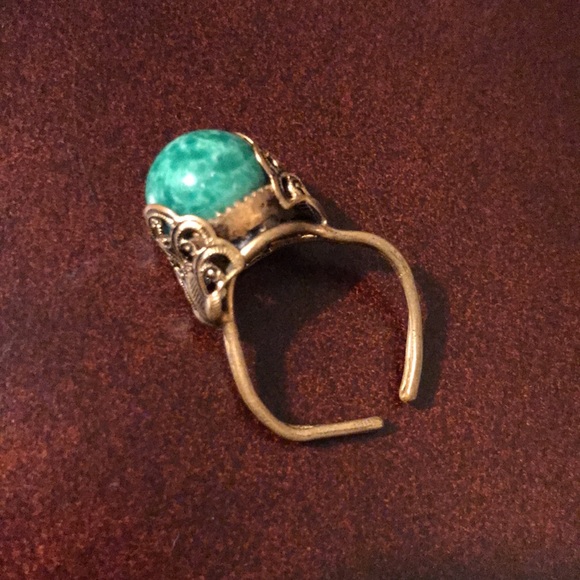 Antique Art Deco Brass Filigree Peking Glass Ring - Picture 3 of 7